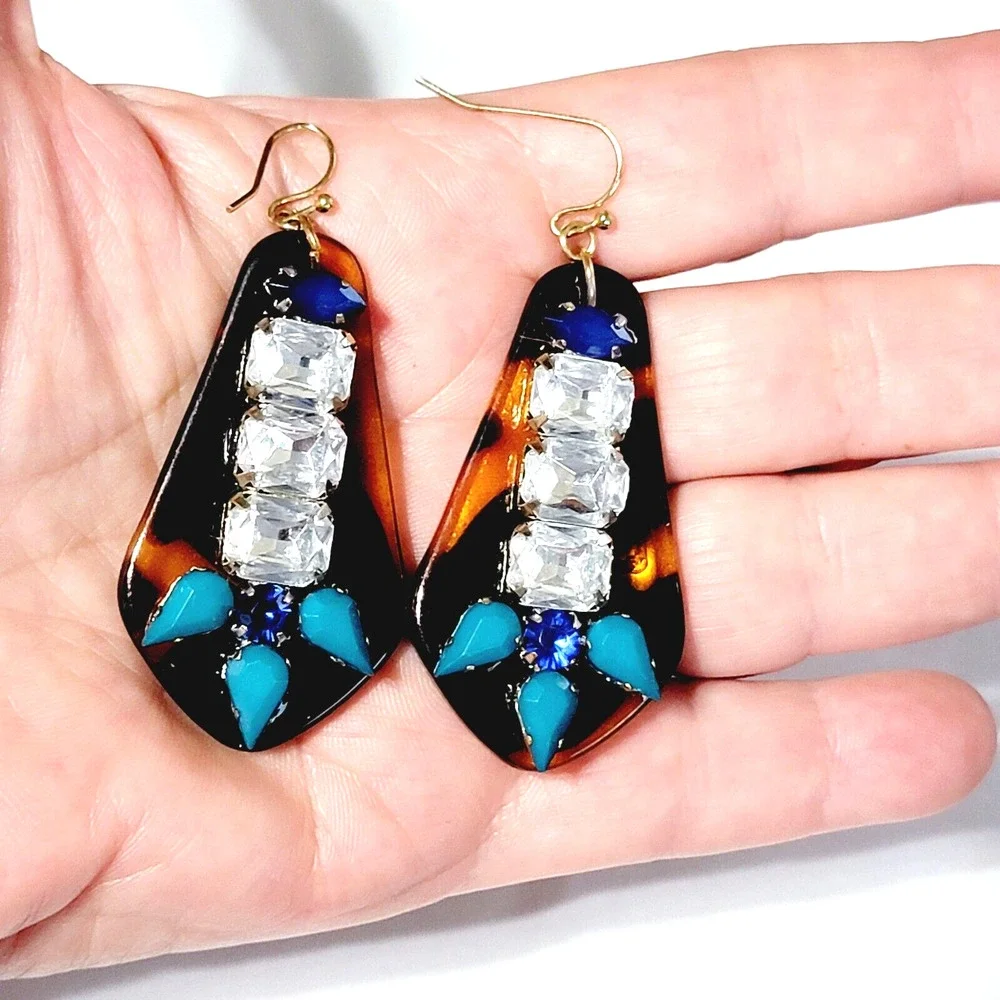 Contemporary Dangle Pierced Earrings‎ 2.5” Bejeweled Tortoise Lucite Diva KP-73